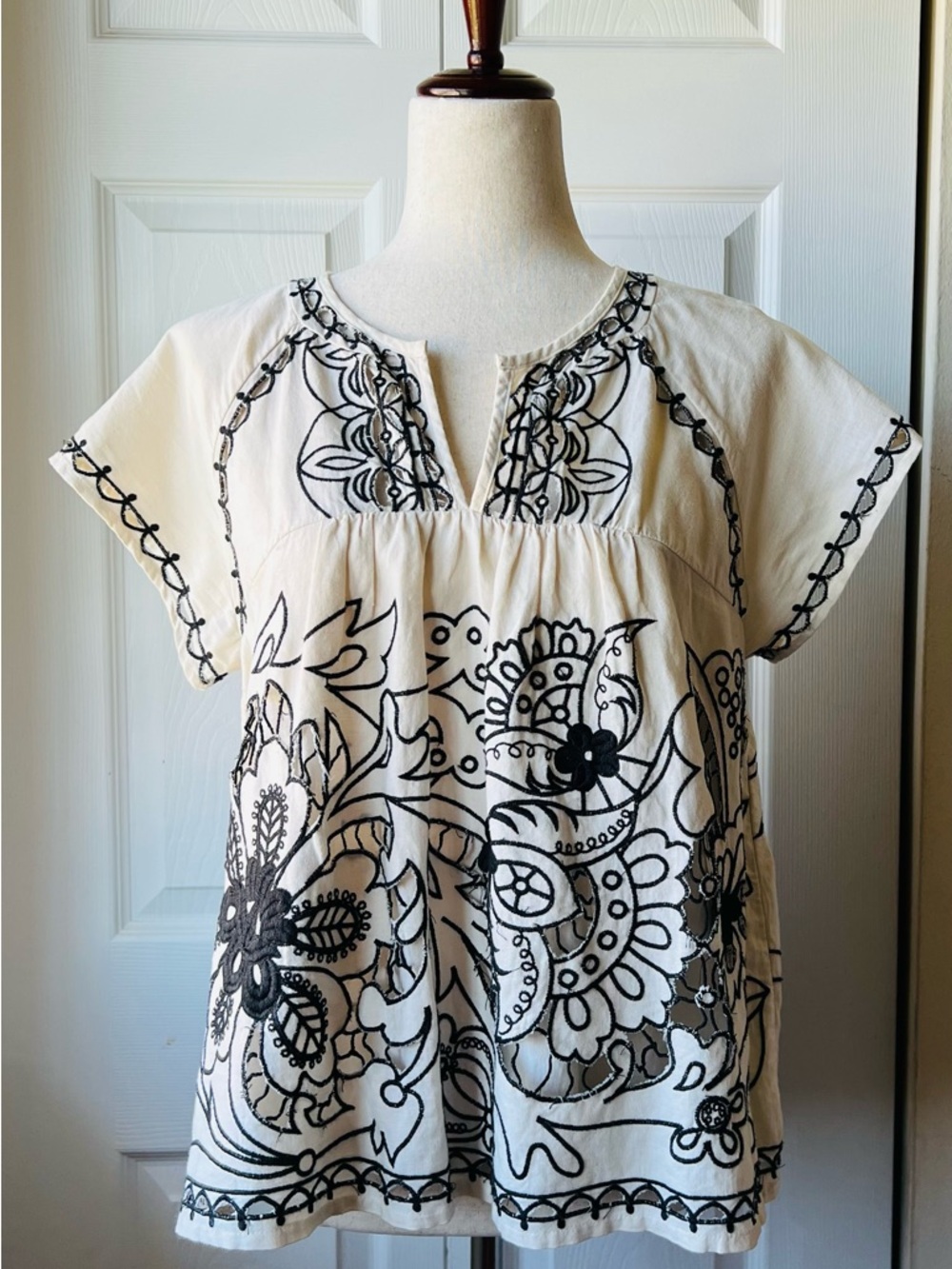 Boho Embroidered Ivory Tunic Top with Black Floral Stitching